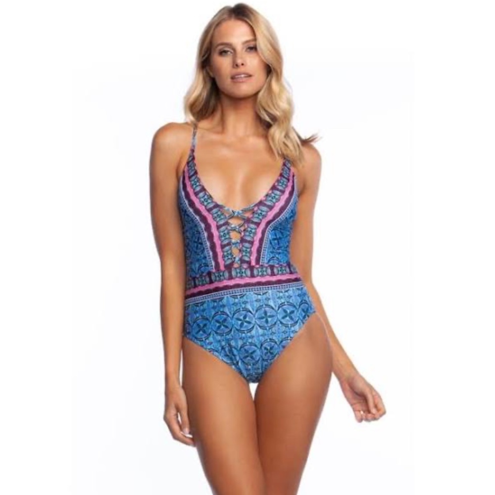 LA BLANCA THE REALIST LACE UP PLUNGE ONE PIECE BLUE SWIMSUIT SIZE 8